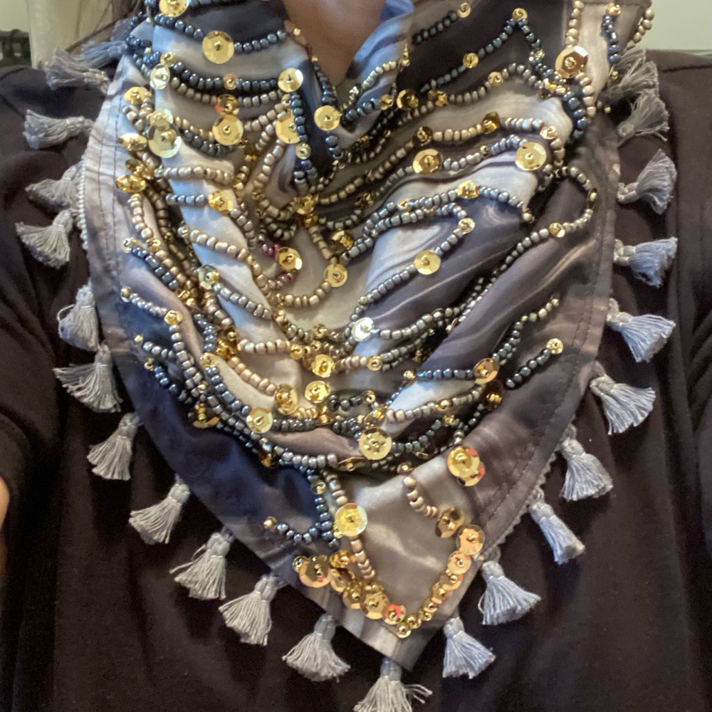 Gorgeous, bohemian neck scarf. Embroidered with beads and sequins. Handmade